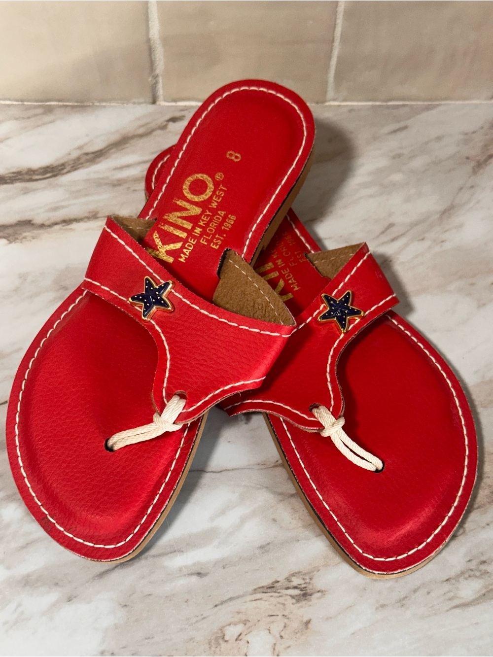 KORKS KINO Women's Red Leather Star Thong Sandals